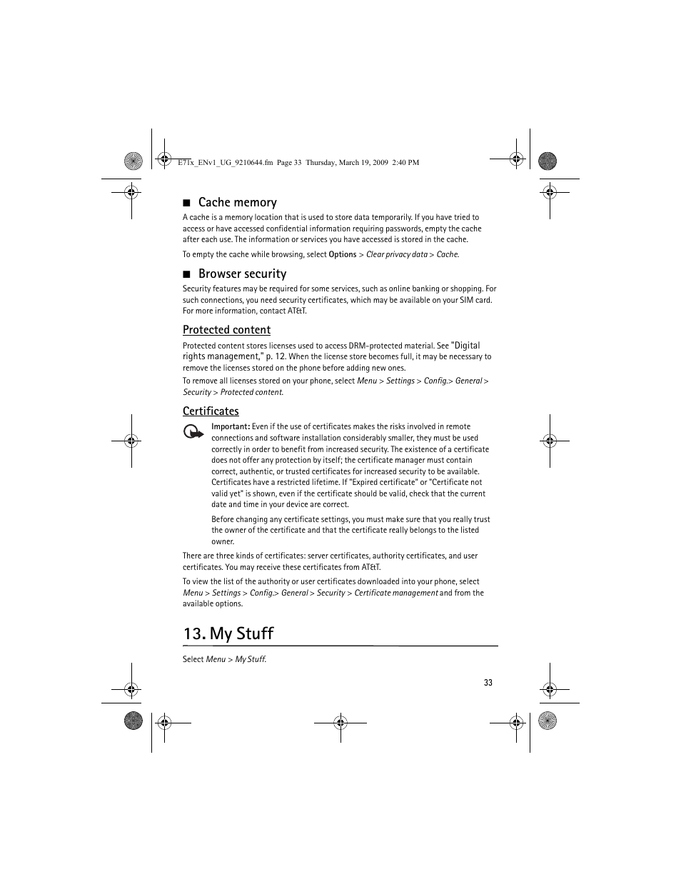 Cache memory, Browser security, My stuff | Cache memory browser security | Nokia E71x User Manual | Page 33 / 125