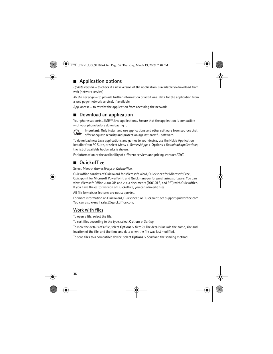 Application options, Download an application, Quickoffice | Work with files | Nokia E71x User Manual | Page 36 / 125