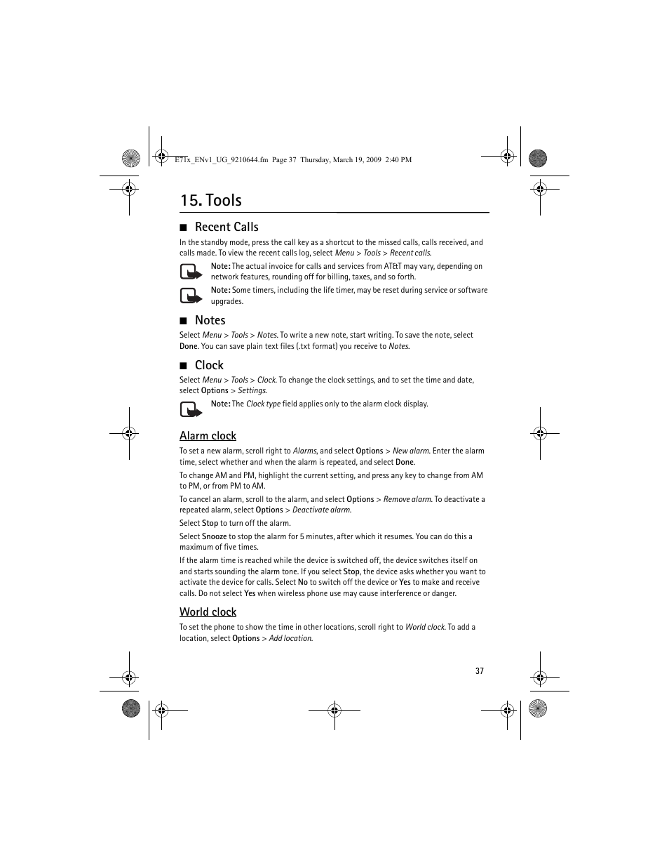 Tools, Recent calls, Notes | Clock, Recent calls notes clock | Nokia E71x User Manual | Page 37 / 125