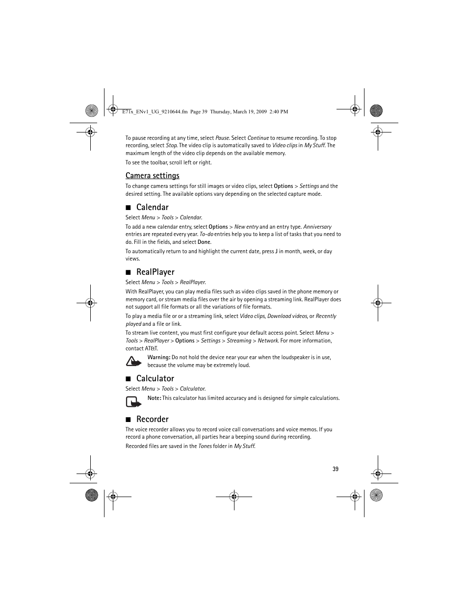 Calendar, Realplayer, Calculator | Recorder, Calendar realplayer calculator recorder, Camera settings | Nokia E71x User Manual | Page 39 / 125