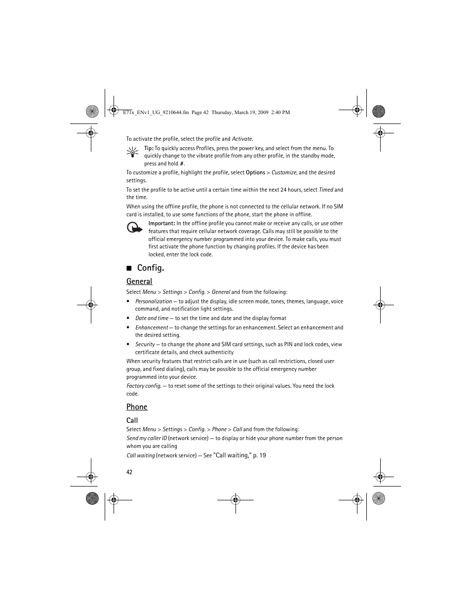 Config, General, Phone | Nokia E71x User Manual | Page 42 / 125