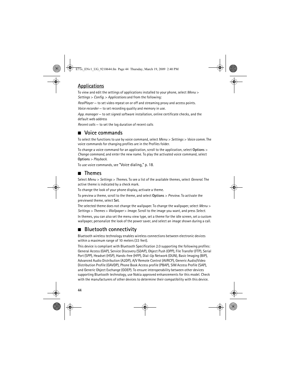 Voice commands, Themes, Bluetooth connectivity | Voice commands themes, Applications | Nokia E71x User Manual | Page 44 / 125