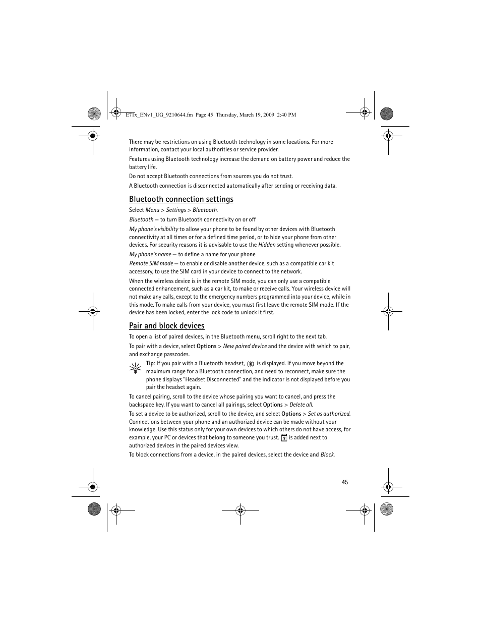 Bluetooth connection settings," p. 45, Bluetooth connection settings, Pair and block devices | Nokia E71x User Manual | Page 45 / 125