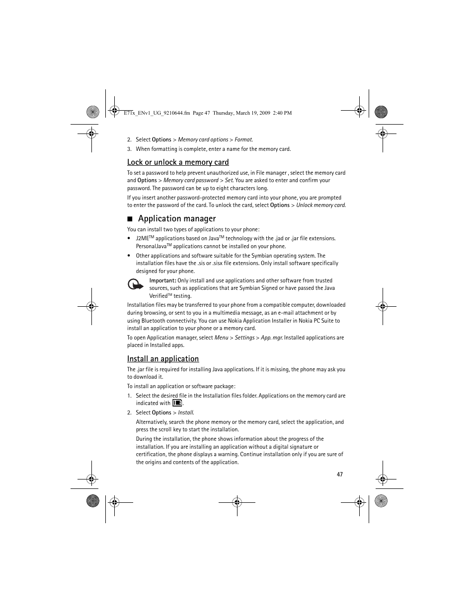 Application manager, Install an application | Nokia E71x User Manual | Page 47 / 125