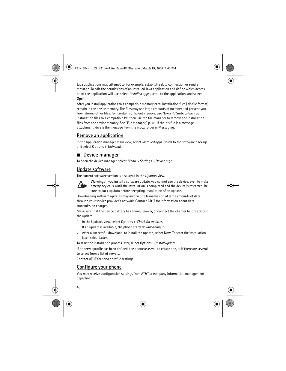 Device manager, Remove an application, Update software | Configure your phone | Nokia E71x User Manual | Page 48 / 125