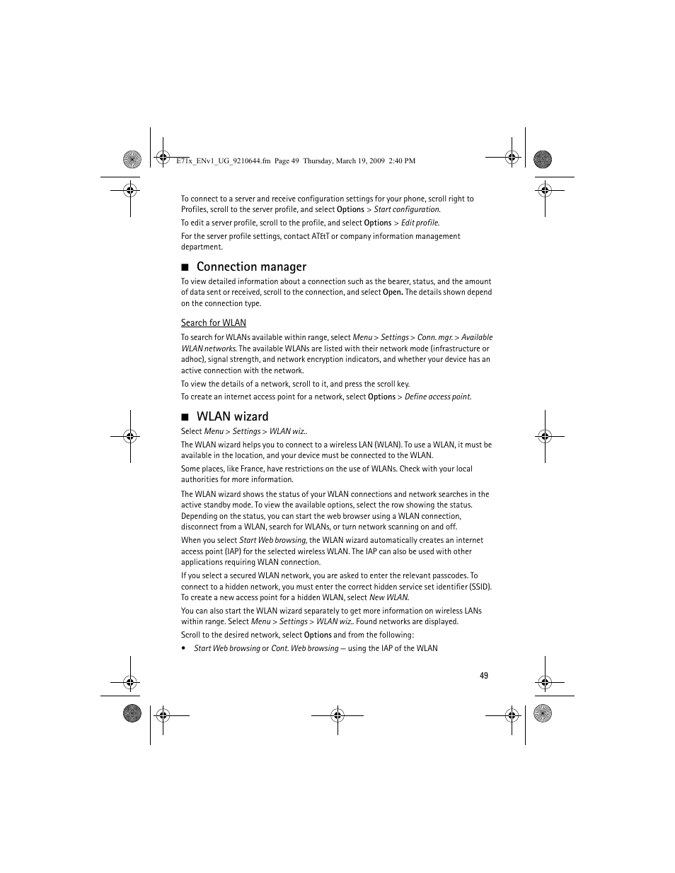 Connection manager, Wlan wizard, Connection manager wlan wizard | Nokia E71x User Manual | Page 49 / 125