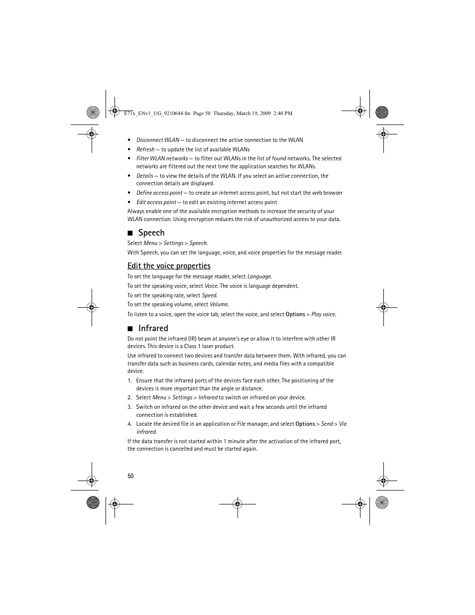 Speech, Infrared, Speech infrared | Edit the voice properties | Nokia E71x User Manual | Page 50 / 125