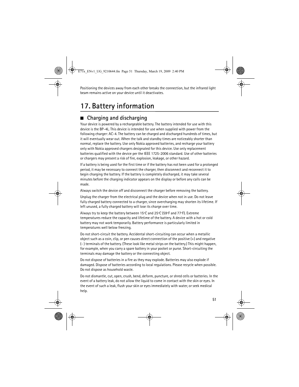 Battery information, Charging and discharging | Nokia E71x User Manual | Page 51 / 125