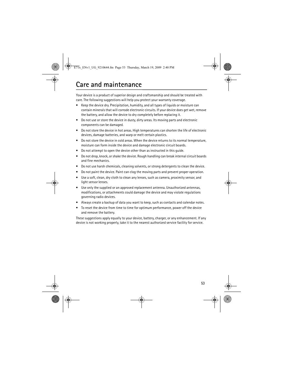 Care and maintenance | Nokia E71x User Manual | Page 53 / 125