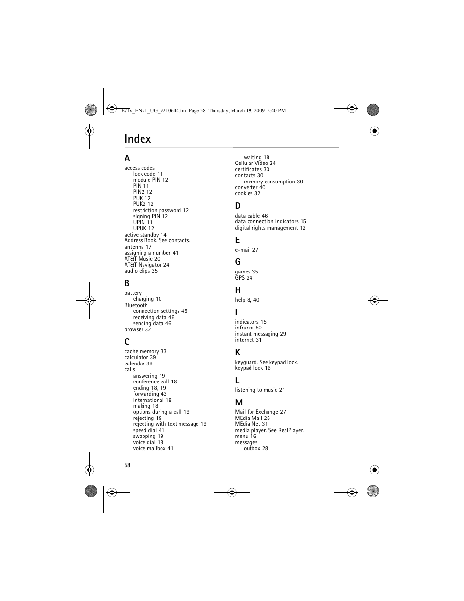 Index | Nokia E71x User Manual | Page 58 / 125