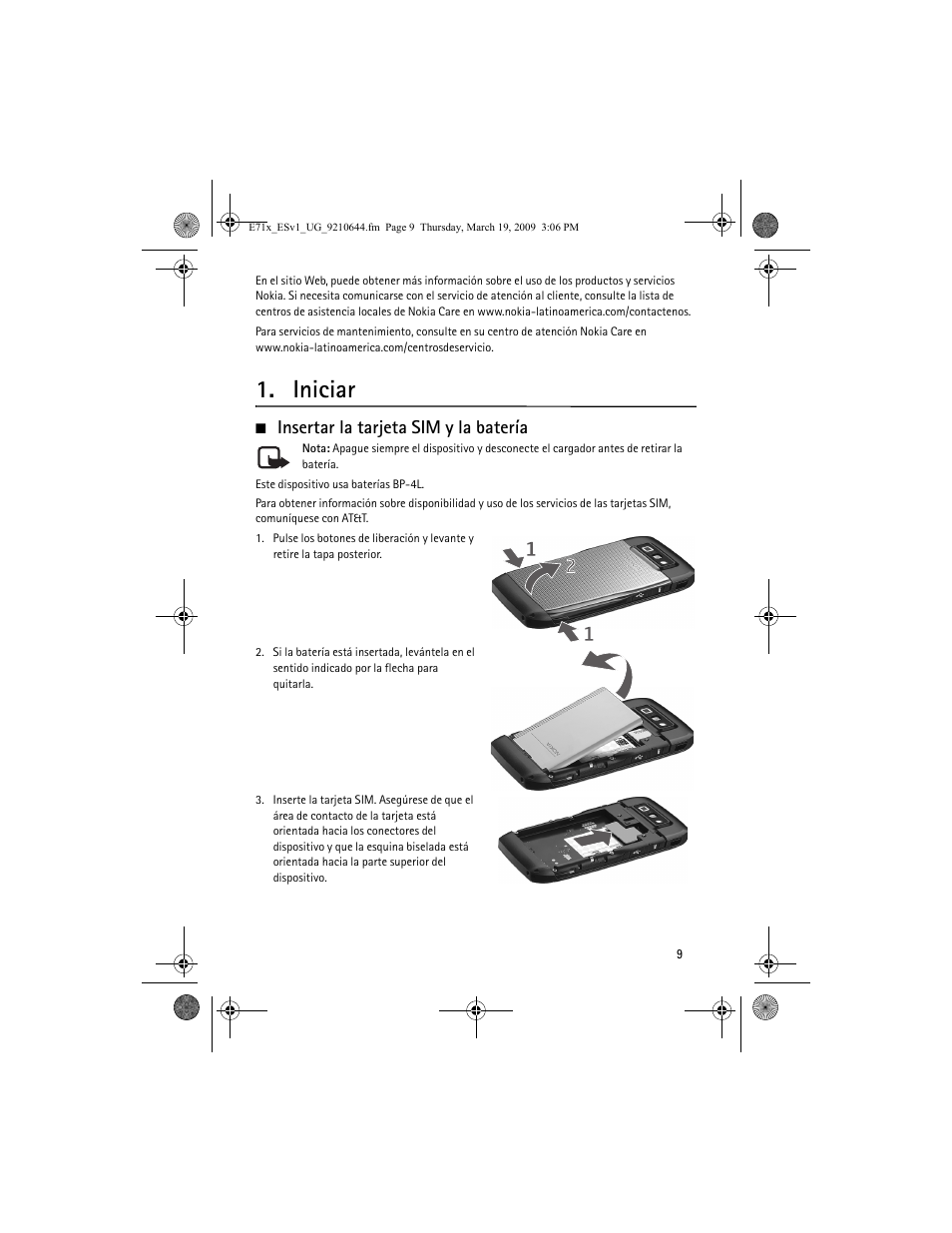 Iniciar, Insertar la tarjeta sim y la batería | Nokia E71x User Manual | Page 68 / 125