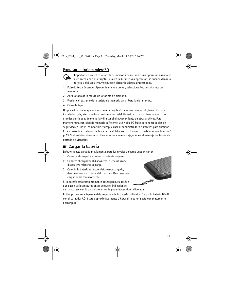 Cargar la batería, Expulsar la tarjeta microsd | Nokia E71x User Manual | Page 70 / 125