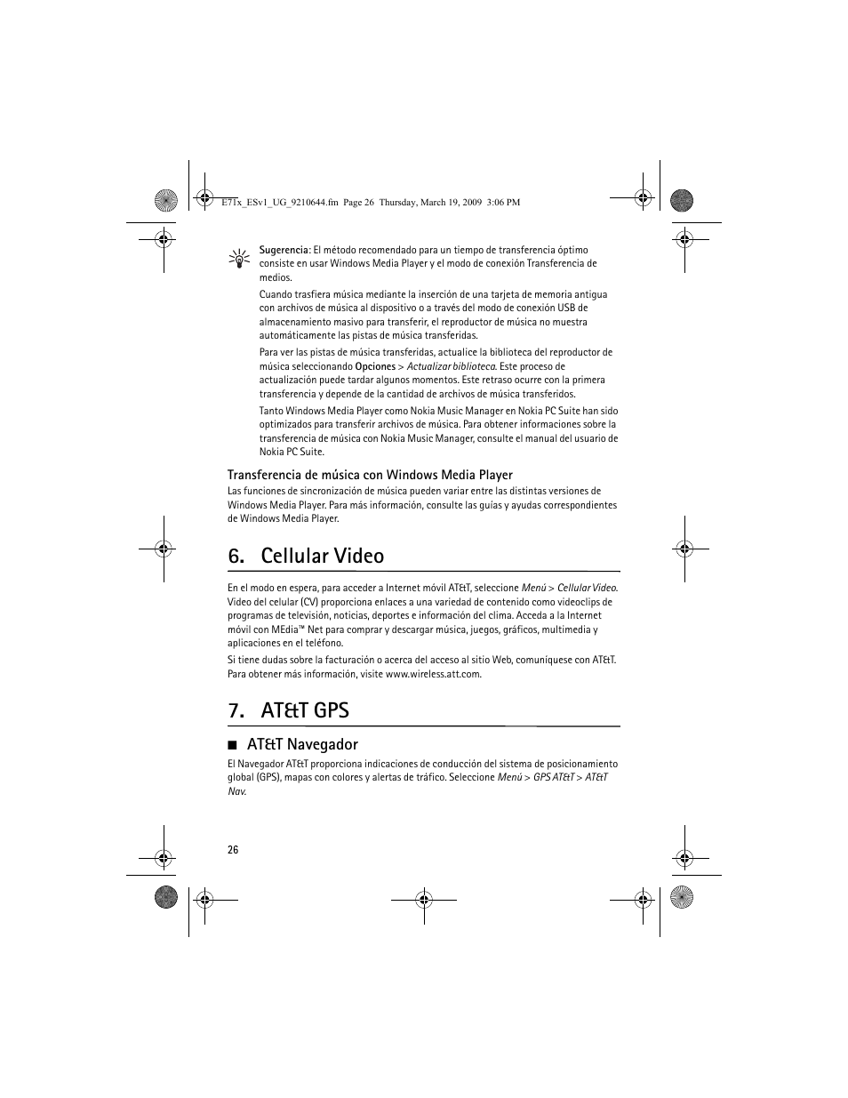 Cellular video, At&t gps, At&t navegador | Nokia E71x User Manual | Page 85 / 125