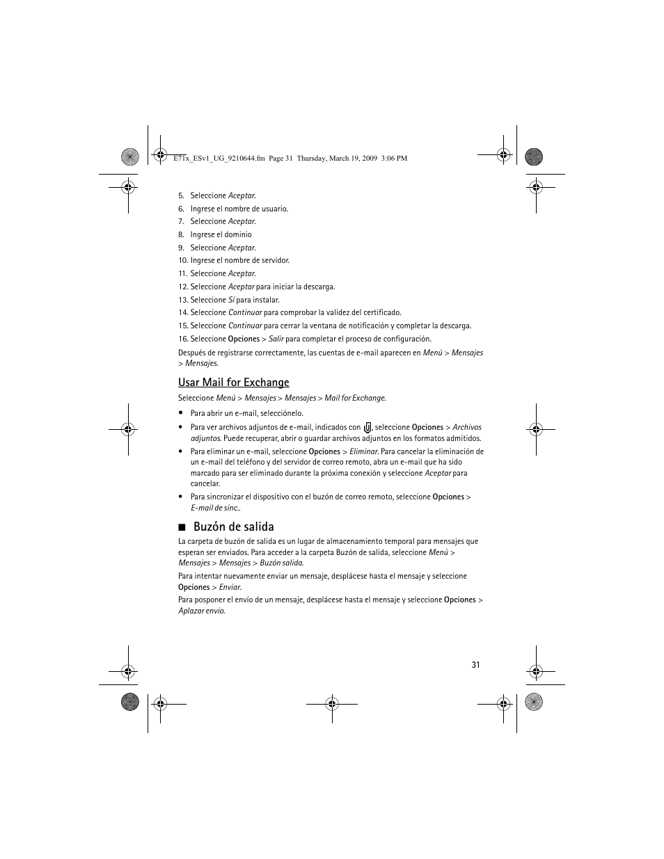 Buzón de salida, Usar mail for exchange | Nokia E71x User Manual | Page 90 / 125