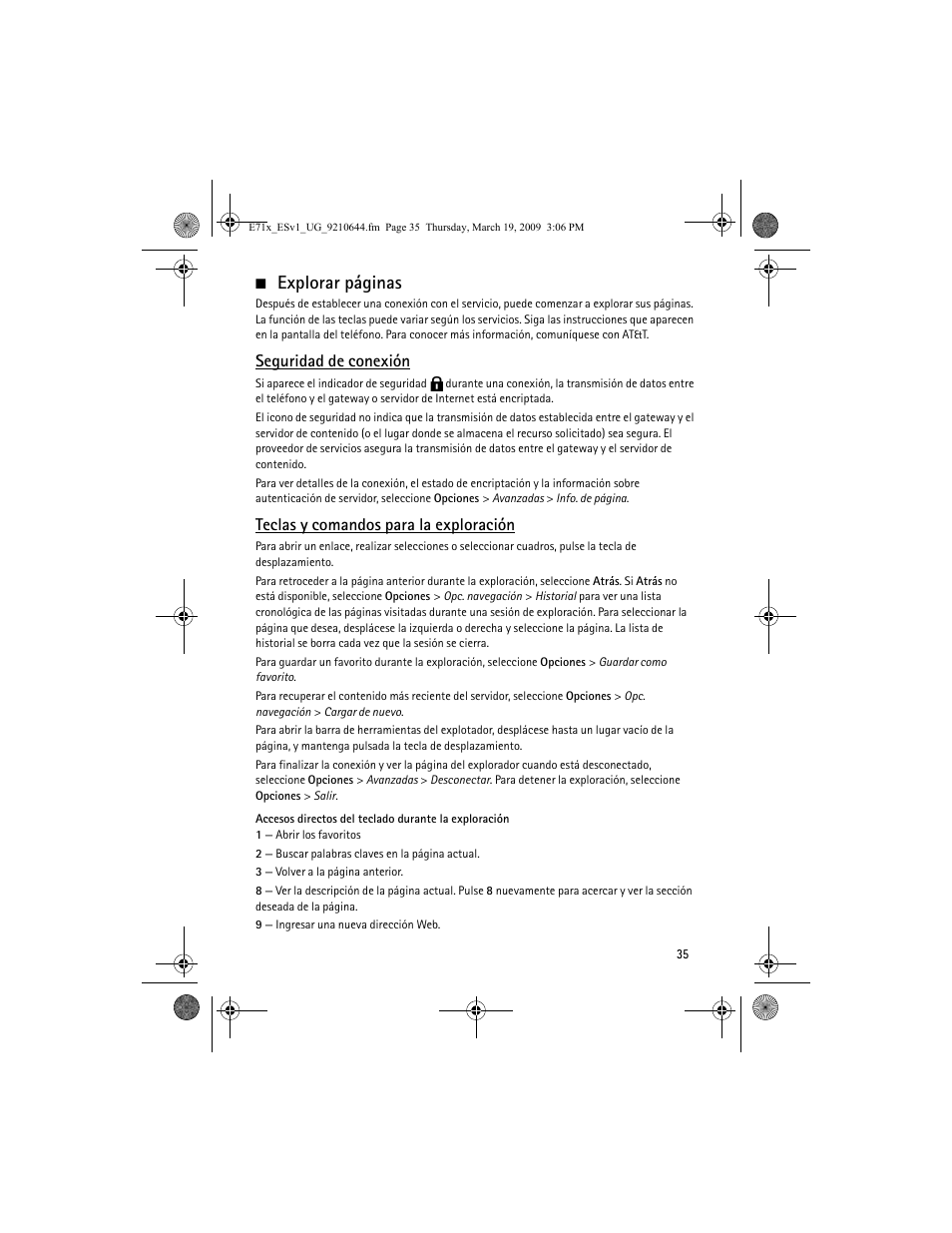 Explorar páginas, Seguridad de conexión, Teclas y comandos para la exploración | Nokia E71x User Manual | Page 94 / 125