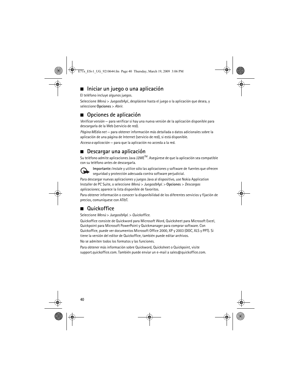 Iniciar un juego o una aplicación, Opciones de aplicación, Descargar una aplicación | Quickoffice | Nokia E71x User Manual | Page 99 / 125