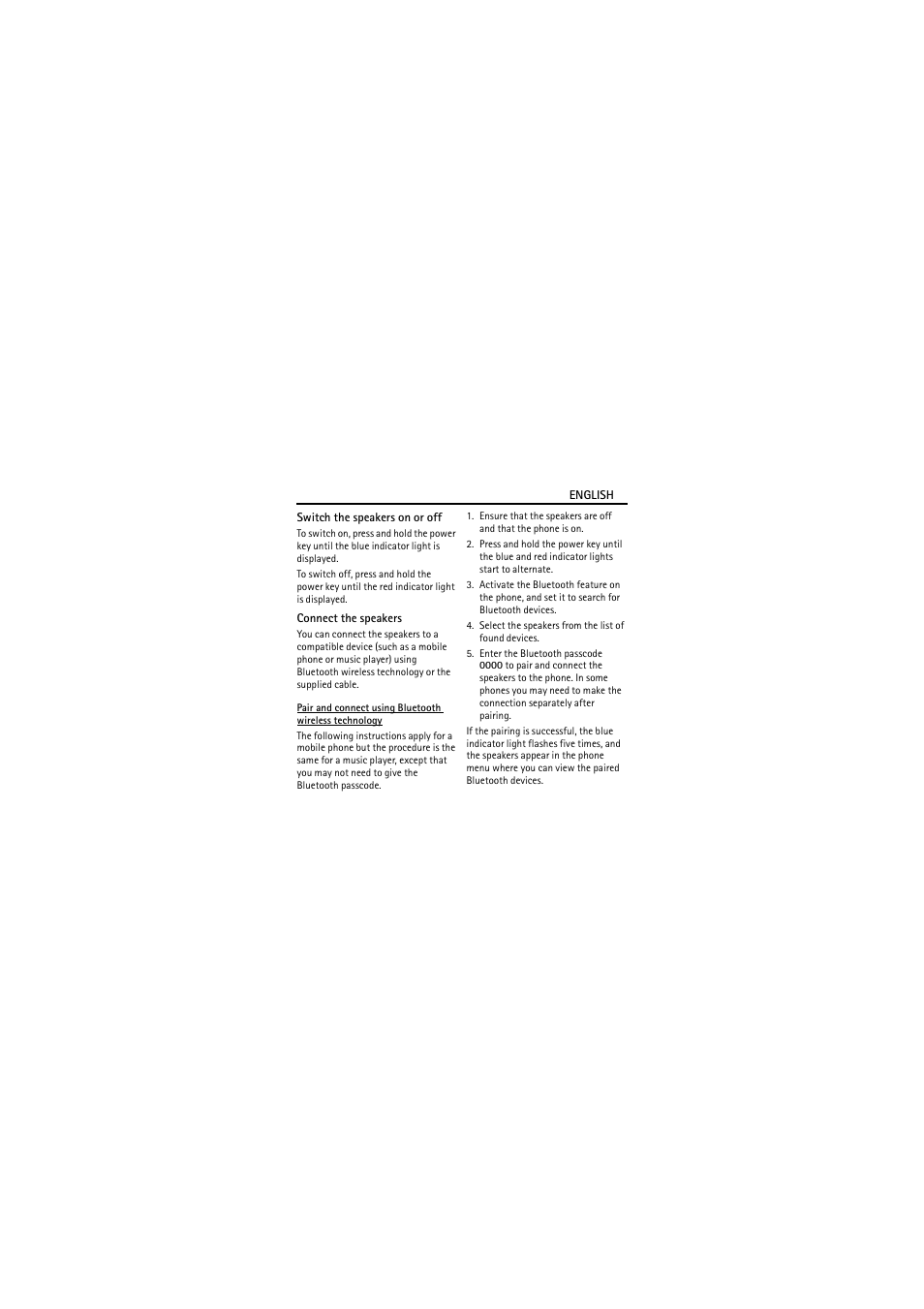 Switch the speakers on or off, Connect the speakers | Nokia Bluetooth Speakers MD-5W User Manual | Page 6 / 10