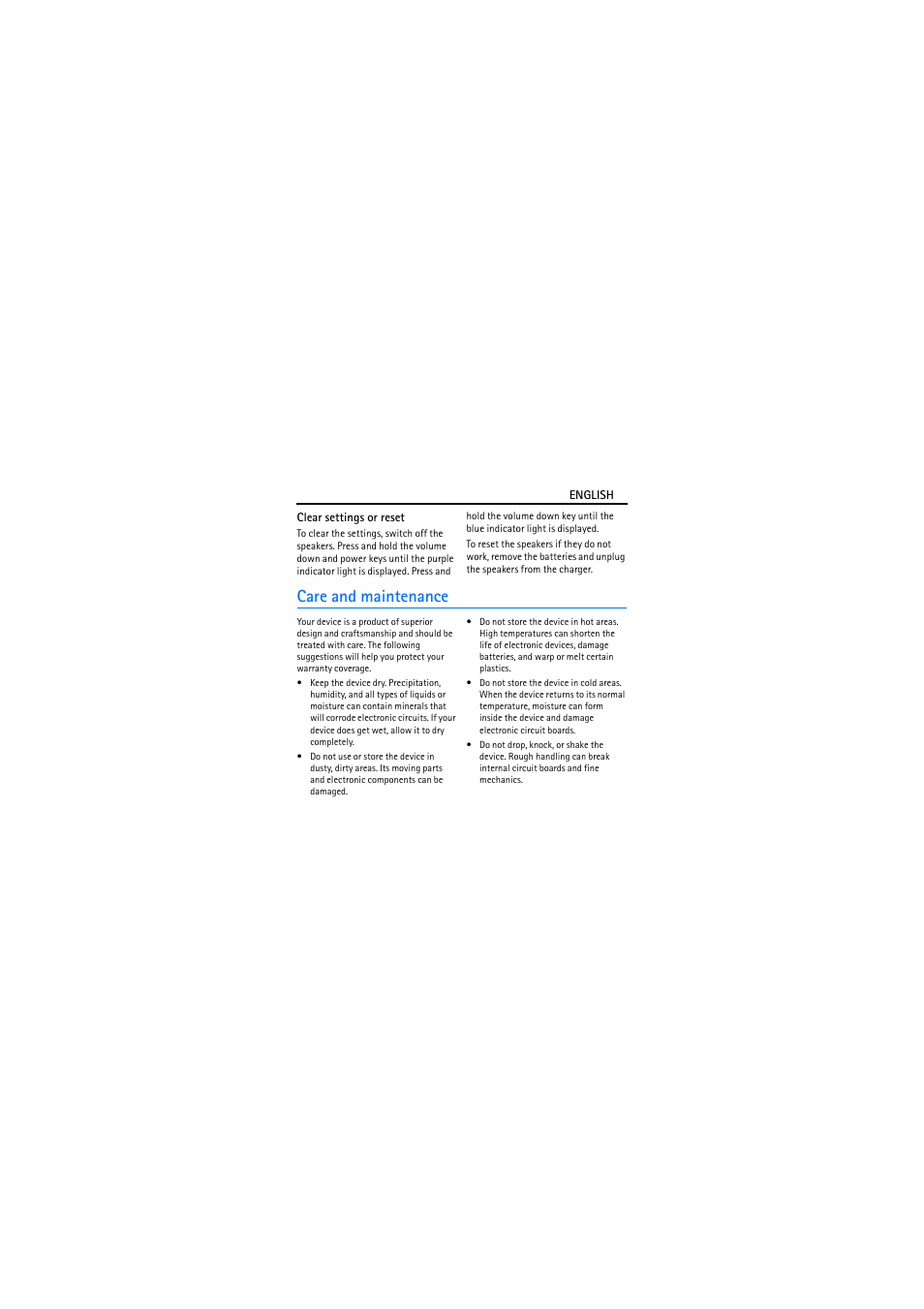 Clear settings or reset, Care and maintenance | Nokia Bluetooth Speakers MD-5W User Manual | Page 9 / 10