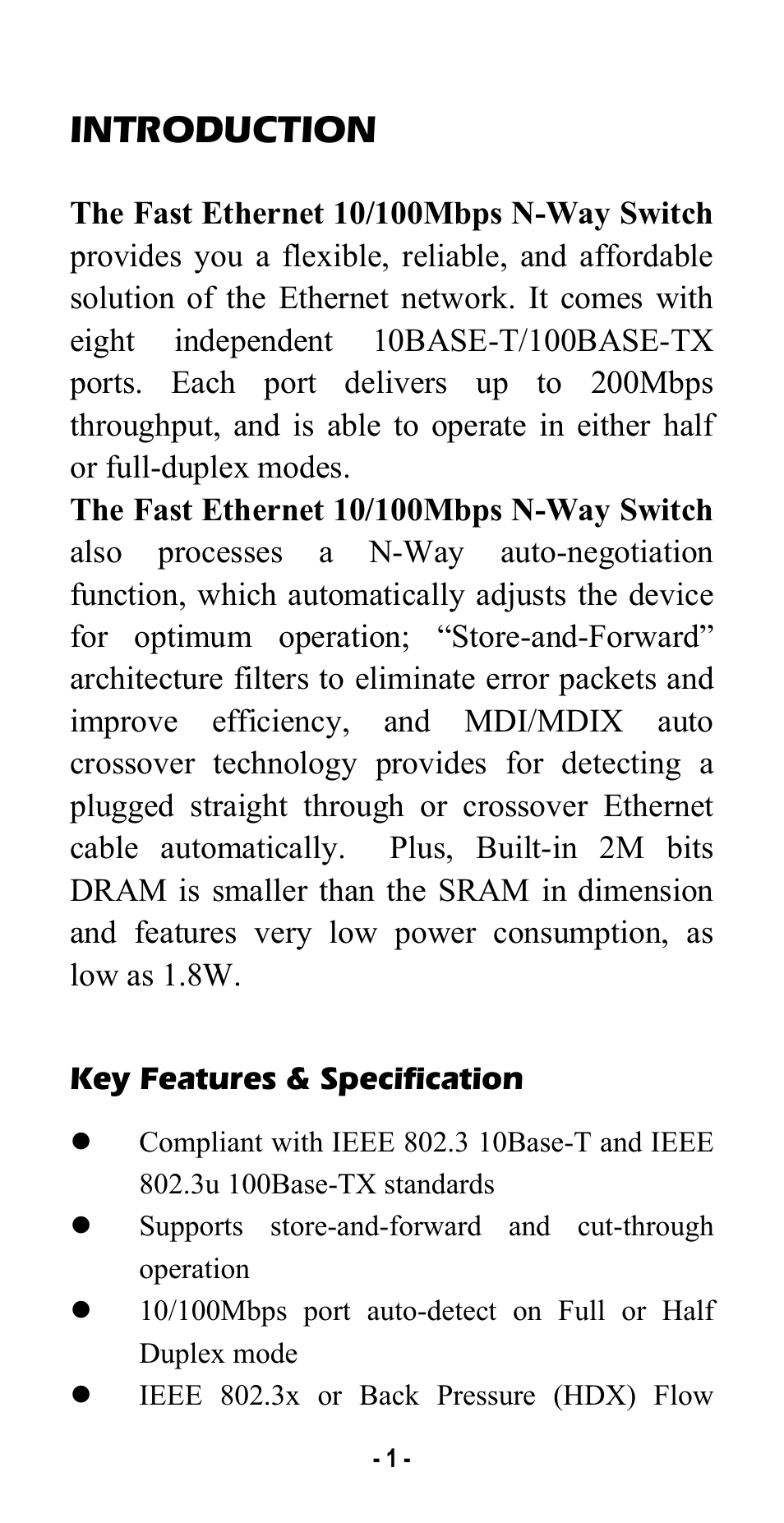 Introduction, Key features & specification | Abocom SW800RE User Manual | Page 3 / 6