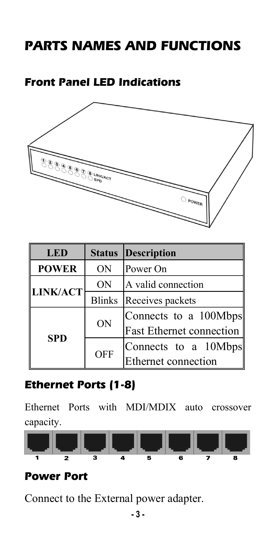 Parts names and functions, Front panel led indications, Ethernet ports (1-8) | Power port | Abocom SW800RE User Manual | Page 5 / 6