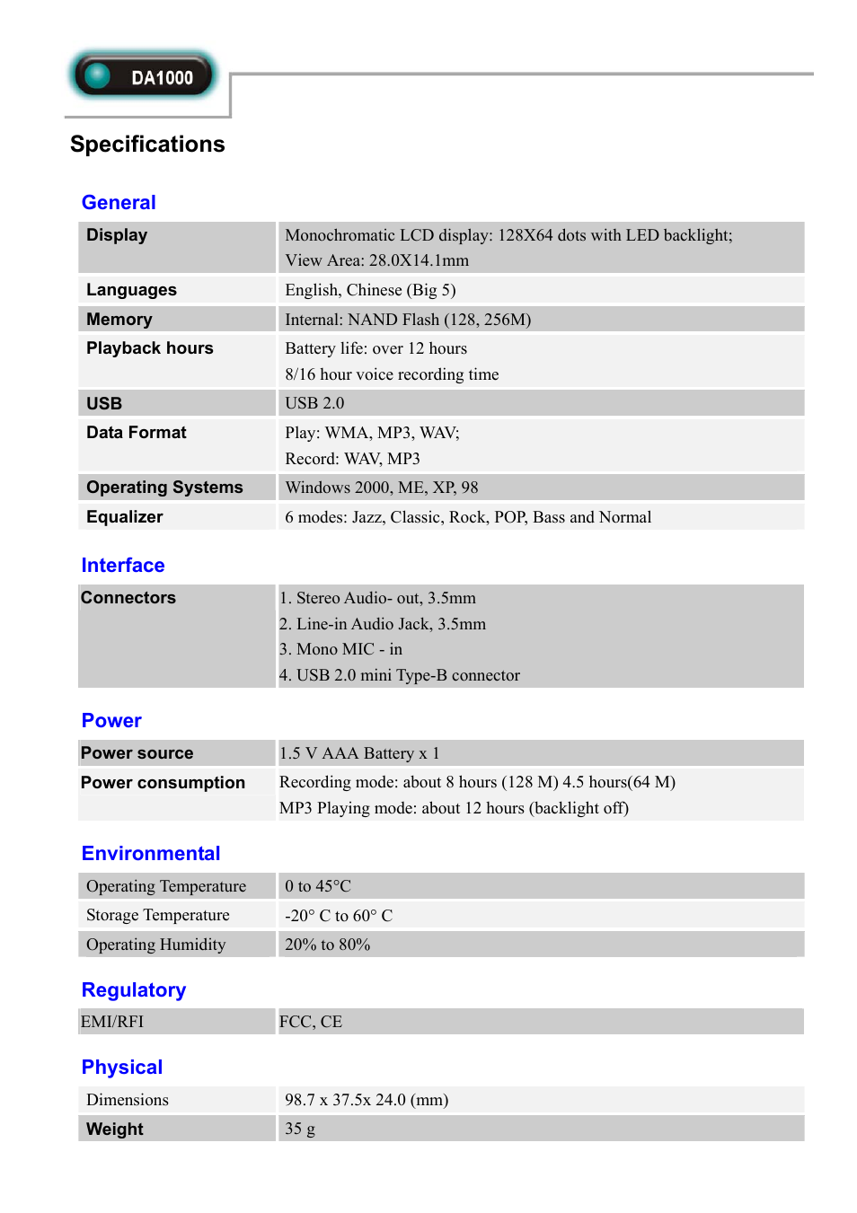 Specifications | Abocom DA1000 User Manual | Page 3 / 3