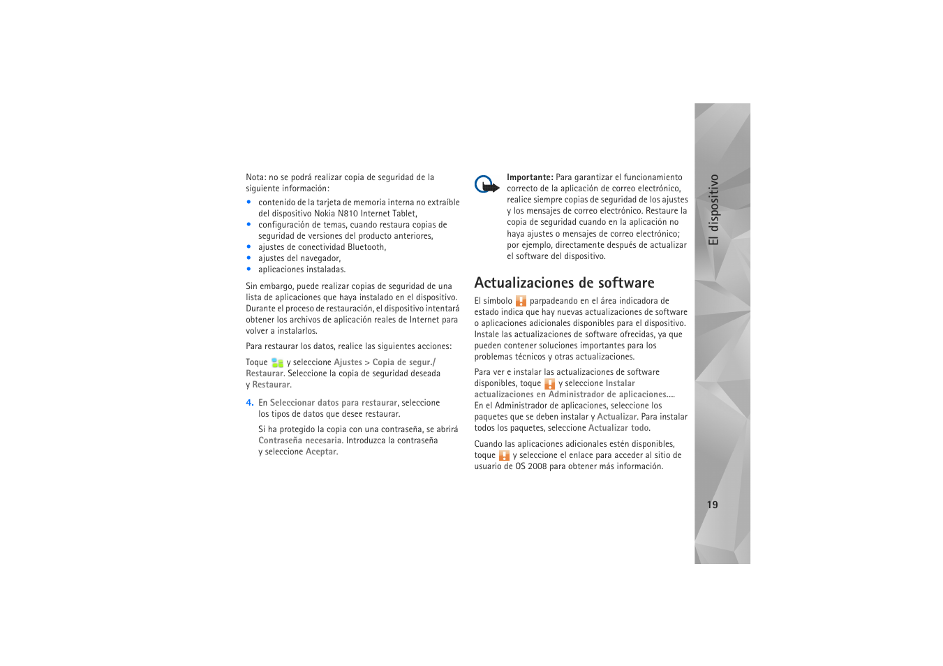 Actualizaciones de software, El dispositivo | Nokia N800 Internet Tablet User Manual | Page 19 / 61