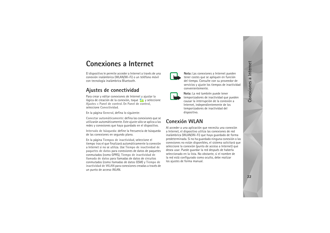 Conexiones a internet, Ajustes de conectividad, Conexión wlan | Ajustes de conectividad conexión wlan | Nokia N800 Internet Tablet User Manual | Page 22 / 61