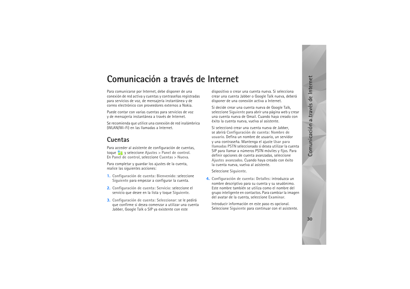 Comunicación a través de internet, Cuentas | Nokia N800 Internet Tablet User Manual | Page 30 / 61