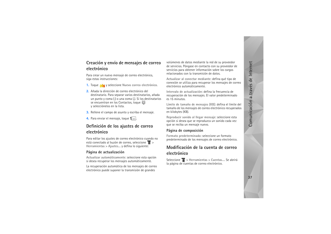 Creación y envío de mensajes de correo electrónico, Definición de los ajustes de correo electrónico, Modificación de la cuenta de correo electrónico | Comunicación a través de internet | Nokia N800 Internet Tablet User Manual | Page 37 / 61