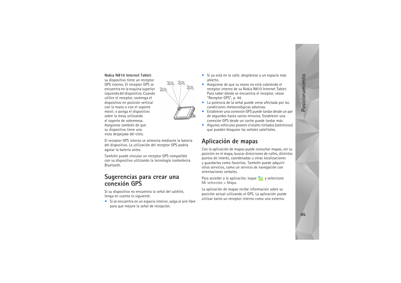Sugerencias para crear una conexión gps, Aplicación de mapas | Nokia N800 Internet Tablet User Manual | Page 45 / 61