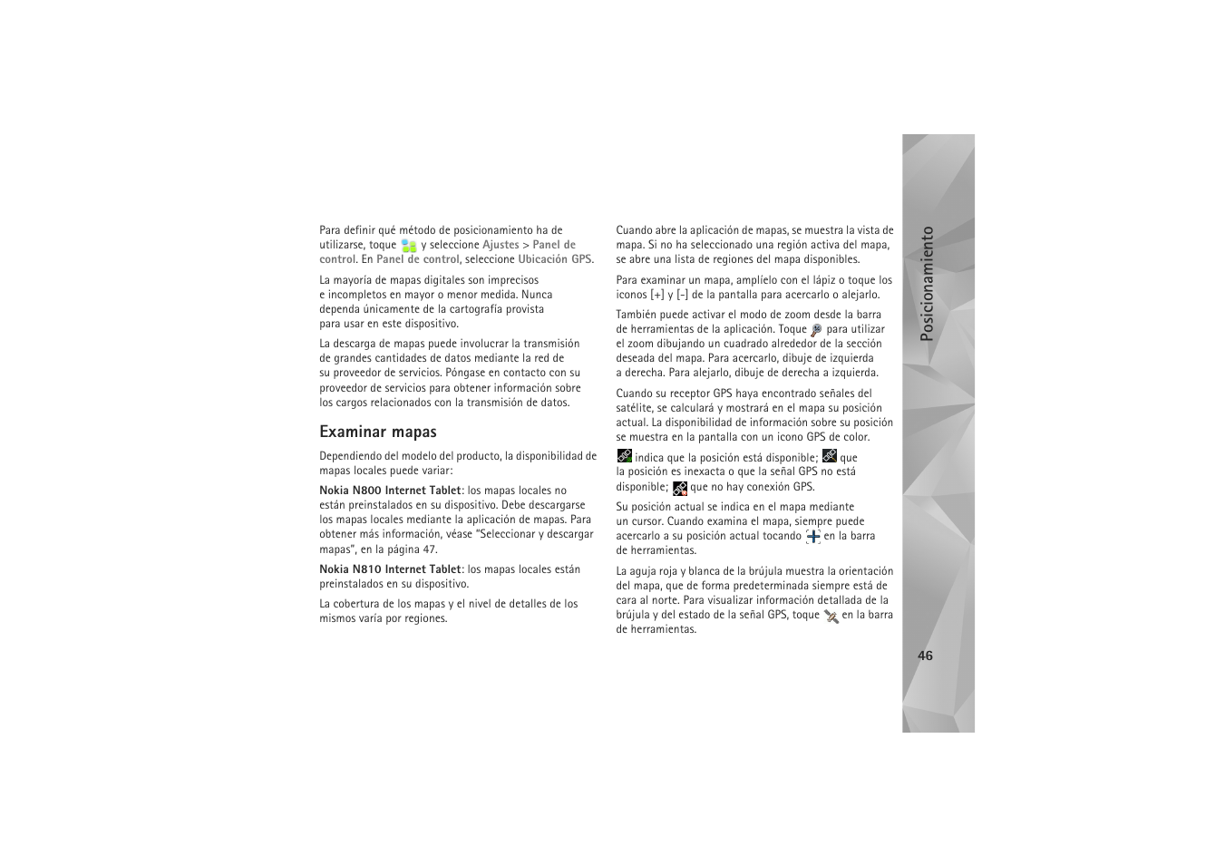 Examinar mapas, Posicionamiento | Nokia N800 Internet Tablet User Manual | Page 46 / 61