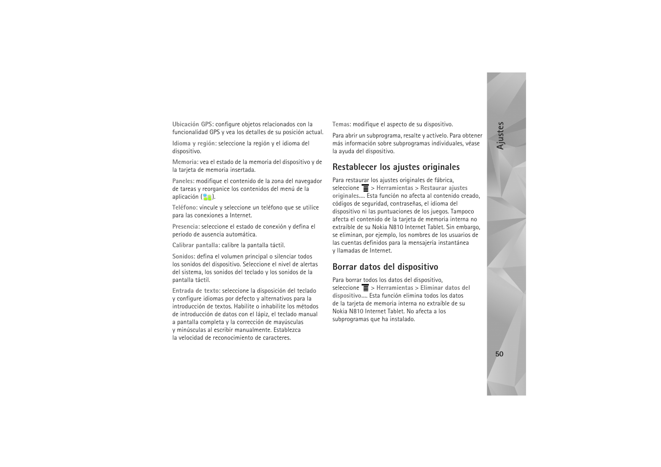 Restablecer los ajustes originales, Borrar datos del dispositivo, Ajustes | Nokia N800 Internet Tablet User Manual | Page 50 / 61