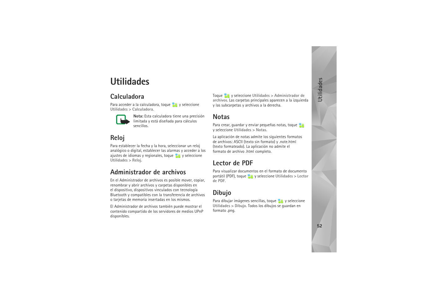 Utilidades, Calculadora, Reloj | Administrador de archivos, Notas, Lector de pdf, Dibujo | Nokia N800 Internet Tablet User Manual | Page 52 / 61