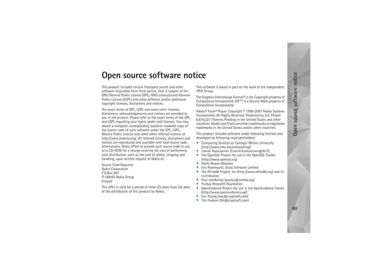 Open source software notice | Nokia N800 Internet Tablet User Manual | Page 60 / 61