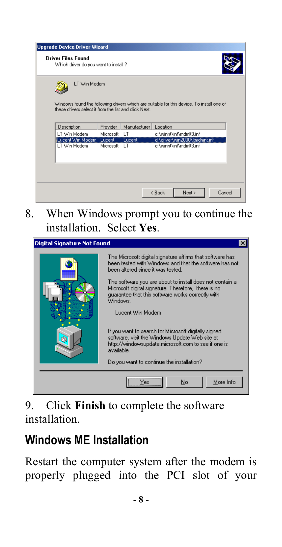 Windows me installation | Abocom Internal Fax Modem 56K User Manual | Page 11 / 19