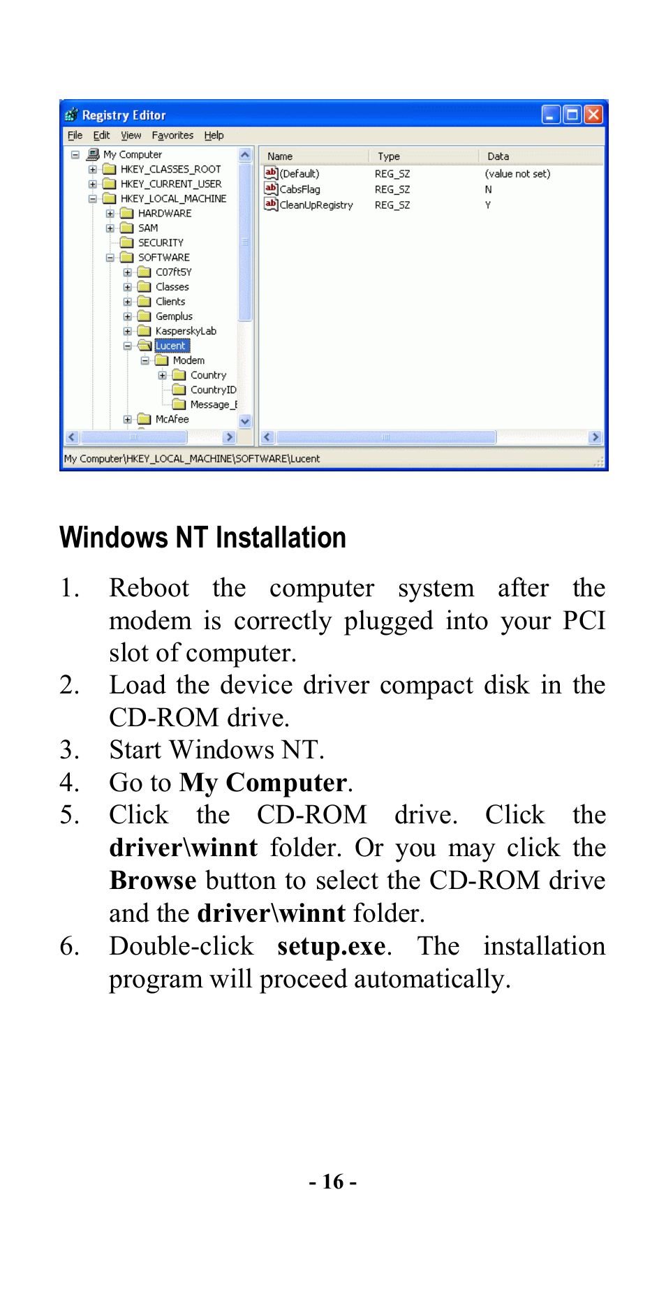 Windows nt installation | Abocom Internal Fax Modem 56K User Manual | Page 19 / 19