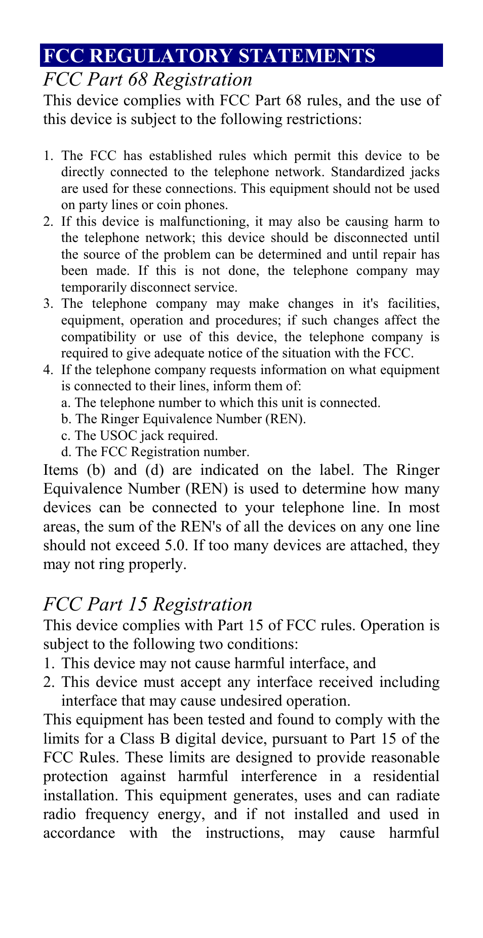 Fcc regulatory statements fcc part 68 registration, Fcc part 15 registration | Abocom Internal Fax Modem 56K User Manual | Page 2 / 19
