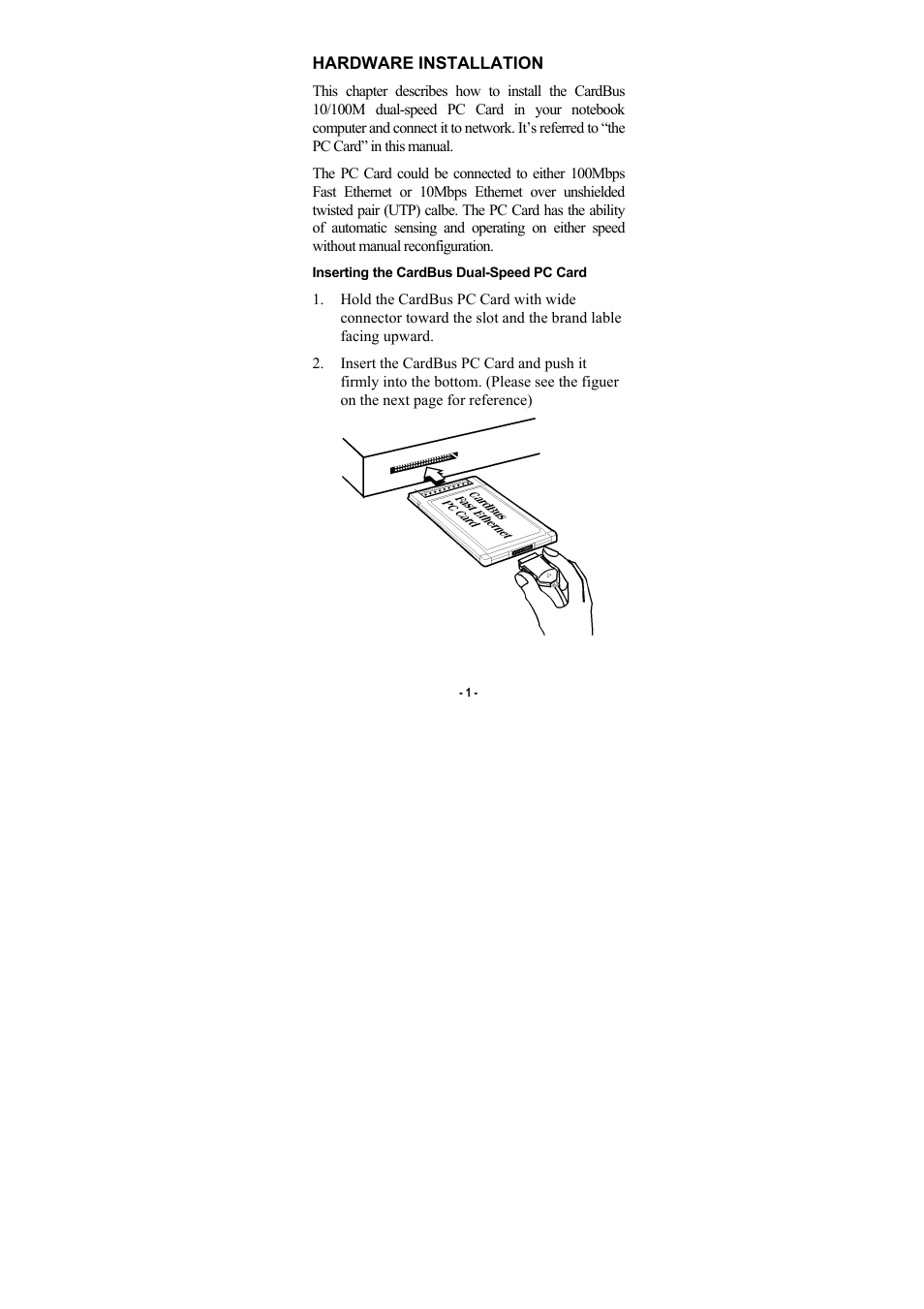 Hardware installation, Inserting the cardbus dual-speed pc card | Abocom FE2500 User Manual | Page 2 / 12