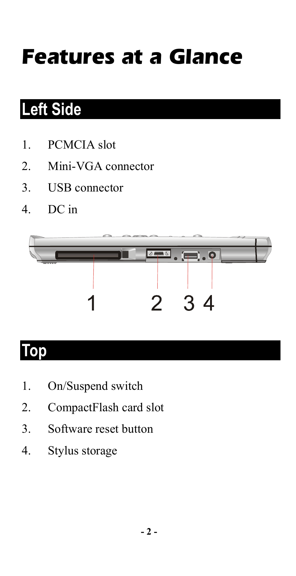 Features at a glance, Left side | Abocom M73-APO0A-010 User Manual | Page 3 / 15