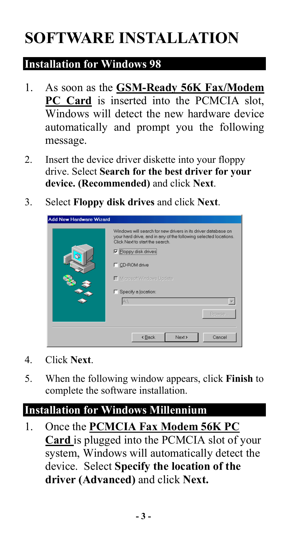 Installation for windows 98, Installation for windows millennium, Software installation | Abocom GFM560 User Manual | Page 4 / 14