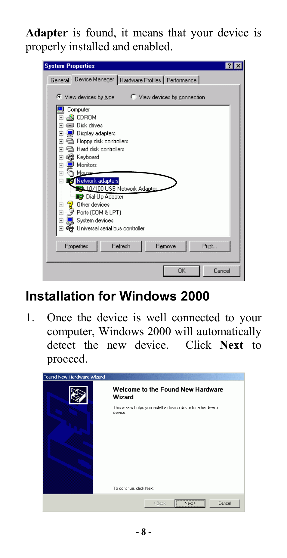 Installation for windows 2000 | Abocom 10/100M Fast Ethernet M73-APO08-420 User Manual | Page 10 / 20