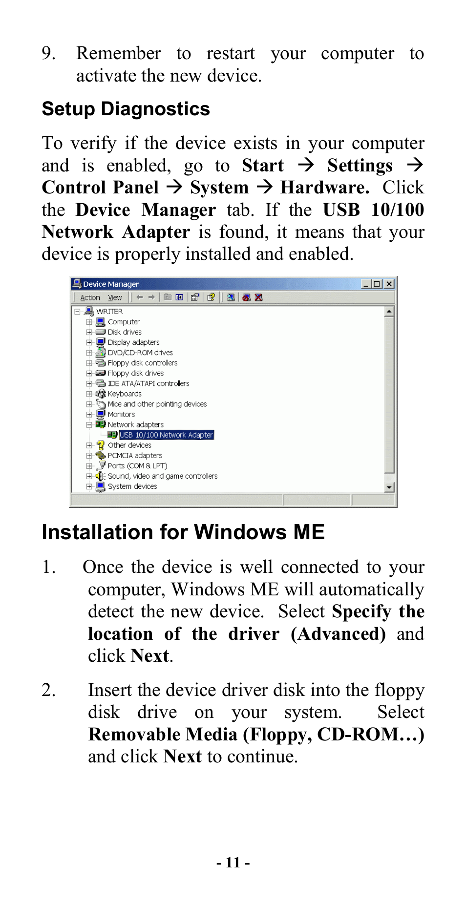 Setup diagnostics, Installation for windows me | Abocom 10/100M Fast Ethernet M73-APO08-420 User Manual | Page 13 / 20