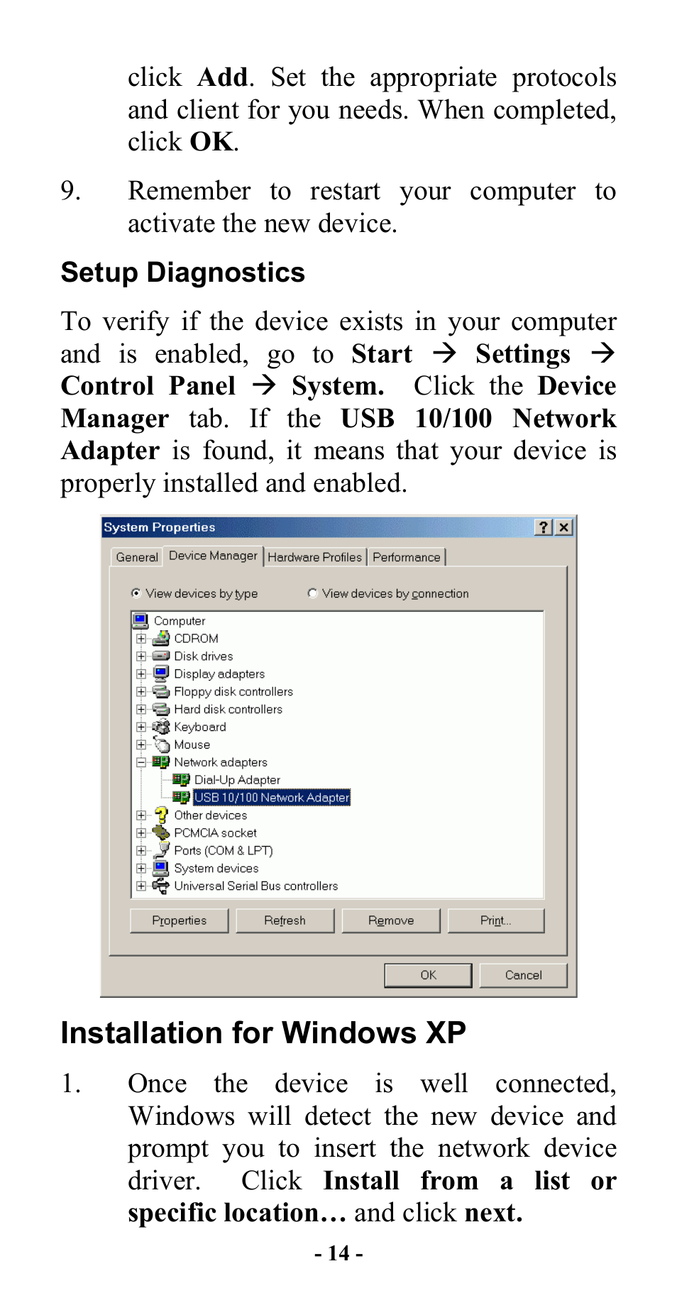 Setup diagnostics, Installation for windows xp | Abocom 10/100M Fast Ethernet M73-APO08-420 User Manual | Page 16 / 20