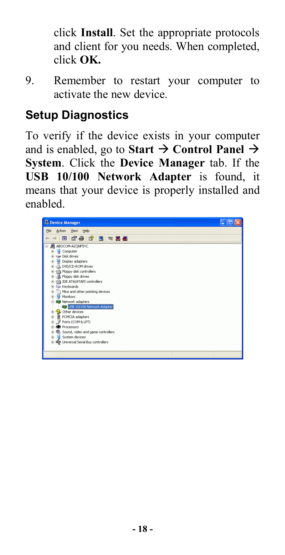 Setup diagnostics | Abocom 10/100M Fast Ethernet M73-APO08-420 User Manual | Page 20 / 20