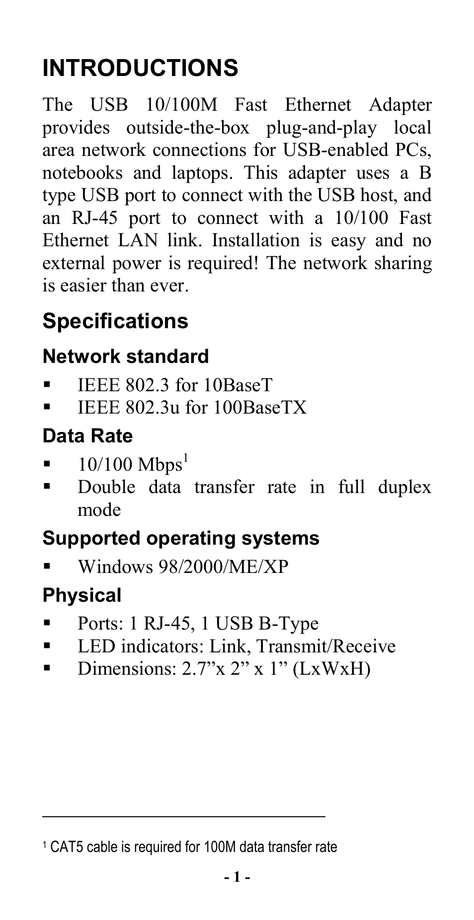 Introductions, Specifications, Network standard | Data rate, Supported operating systems, Physical | Abocom 10/100M Fast Ethernet M73-APO08-420 User Manual | Page 3 / 20