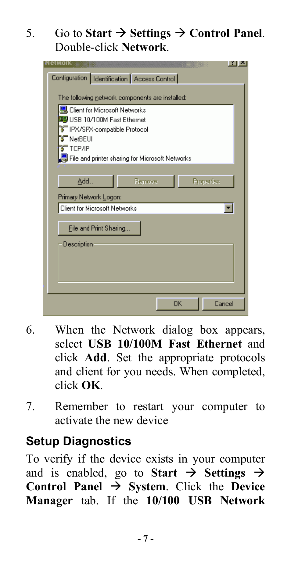 Setup diagnostics | Abocom 10/100M Fast Ethernet M73-APO08-420 User Manual | Page 9 / 20