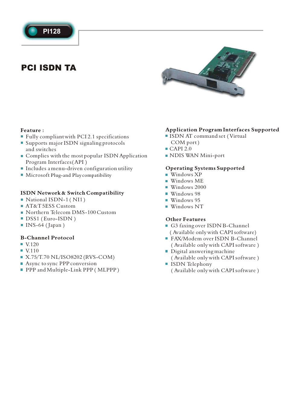 Abocom ISDN TA PCI Card PI128 User Manual | 1 page