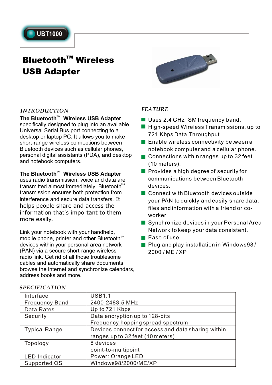 Abocom Bluetooth Wireless USB Adapter UBT1000 User Manual | 1 page