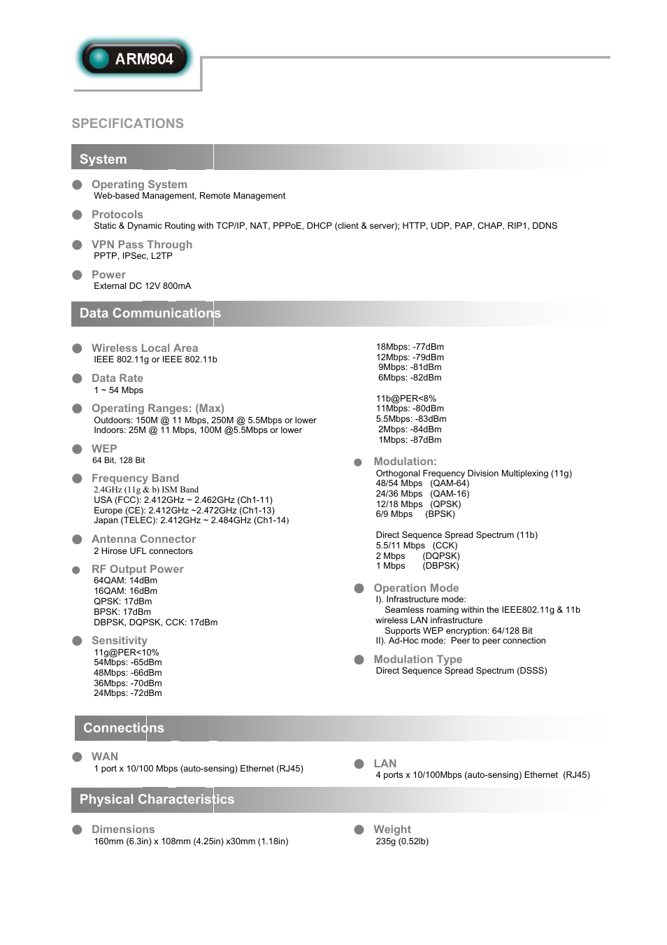 Specifications | Abocom ARM904 User Manual | Page 2 / 3
