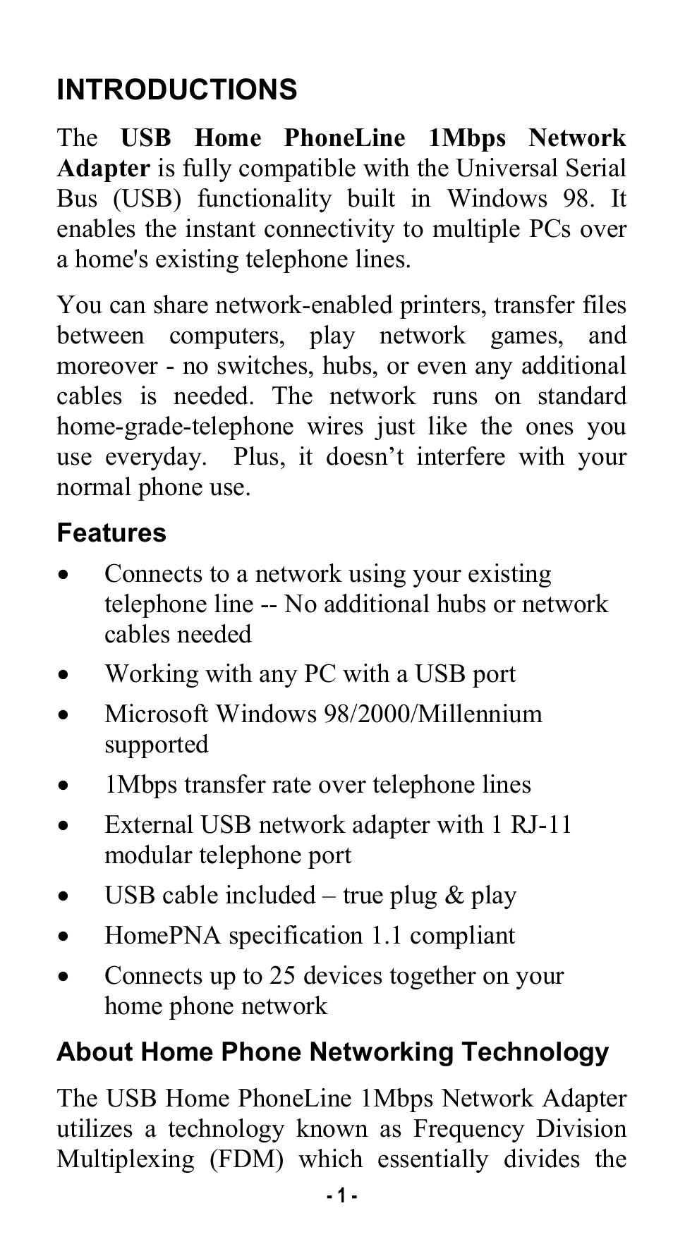 Introductions, Features, About home phone networking technology | Abocom USB Home PhoneLine 1Mbps Network Adapter User Manual | Page 4 / 17
